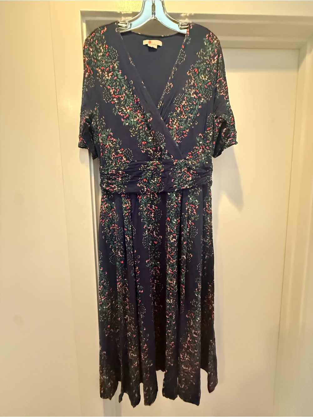Boden Navy Wrap Jersey Midi Dress with Pink & Green Floral Print